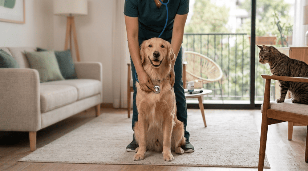 Veterinaria usando un estetoscopio para revisar a un perro y un gato en una consulta a domicilio.