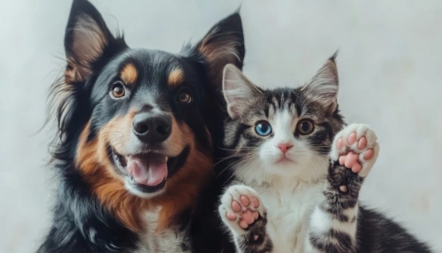 Caras tiernas de un perro negro con café y un gato gris con blanco