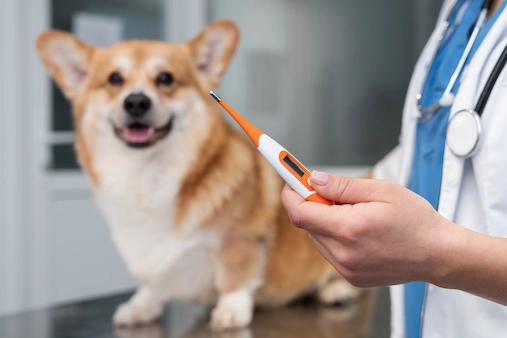 Perro de raza Corgi recibe atención veterinaria.