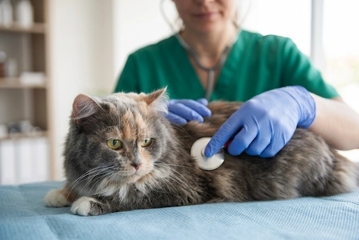Médica veterinaria revisando con un estetoscopio a un gato gris. 