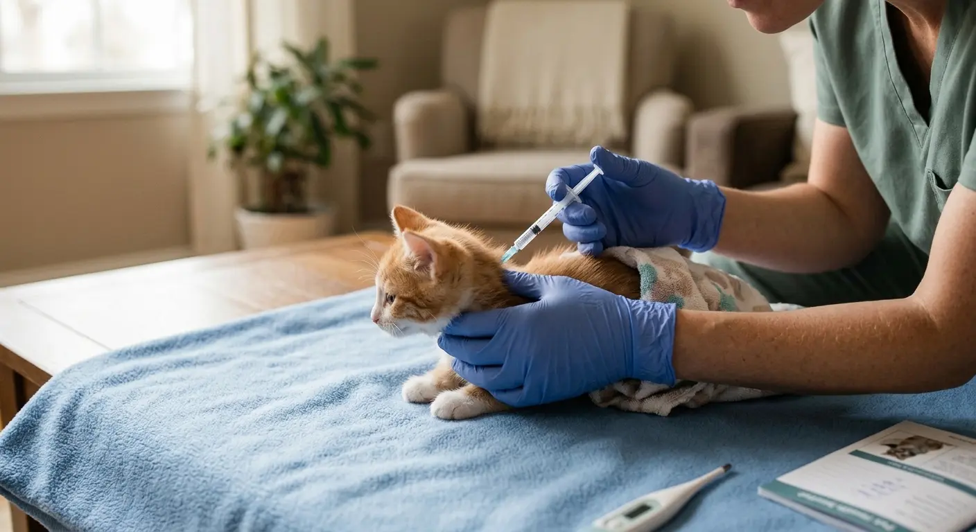 Un gatito recibiendo una vacuna por parte de un veterinario, representando el cuidado y bienestar animal.
